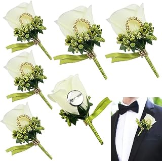 JUNMEIDO 6 PCS Rose Wedding Boutonniere White Boutonniere Handmade Corsage Buttonhole Flowers Artificial Wedding Prom Banquet Flowers Decor with Pin&Clip for Groom Men Bridal Women Suit Dress