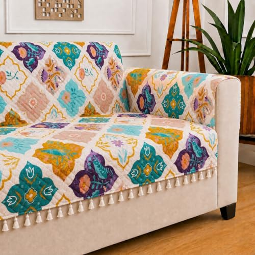Image of STITCHNEST 'Frostvine Collection' 3 Seater Sofa Cover | Full Coverage with Armrest Pockets | Cotton Quilted Fabric, Decorative Tassels, Washable & Durable for Modern Living