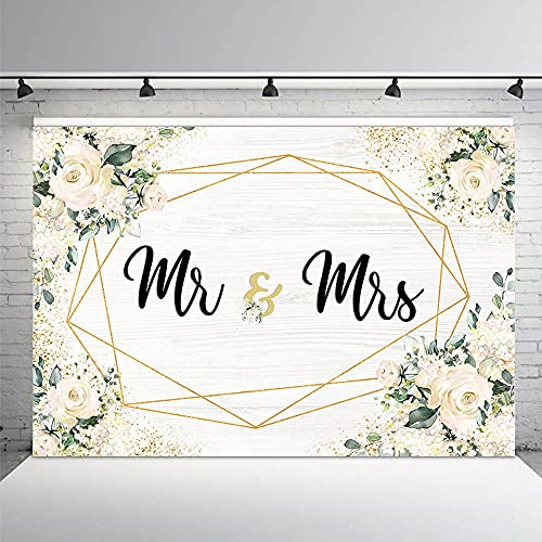MEHOFOND 8x6ft White Floral Backdrop for Mr & Mrs Engagement Party Decorations Couples Wedding Photography Background Anniversary Ceremony Bridal Shower Banner Photo Booth Props - Image 2