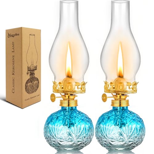 Housselden 2 Pcs Chamber Oil Lamps for Indoor Use Lantern Kerosene Hurricane Vintage Glass Lamp, Large Classic Decor Lamp for Home Emergency Lighting 11Inch Height (Gradient Blue)