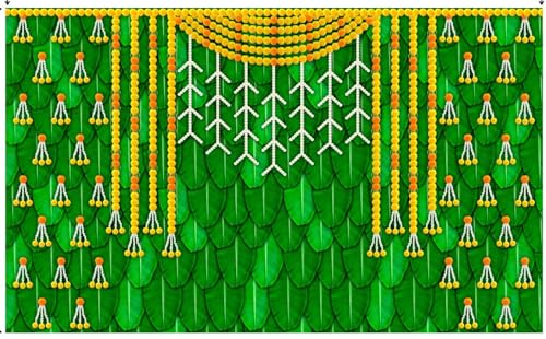 Image of varalakshmi Pooja Background | Banana Leaf Curtain Backdrop Decoration Yellow & Orange Garlands, Size 8x5 feet| Pooja Backdrop Decoration | varlaxmi puja Decorations Cloth | Banana Leaf Background