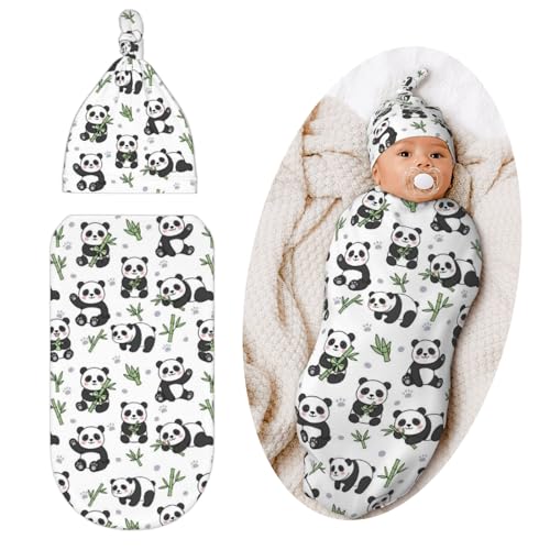 Image of Panda Swaddle Blanket with Hat for Baby, Swaddling Panda Theme Baby Stuff