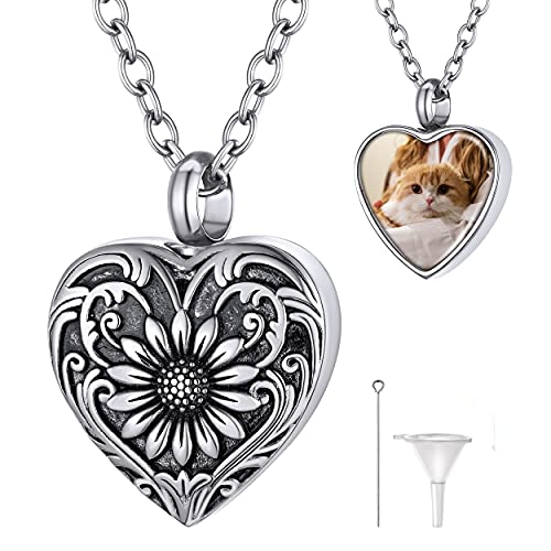 GoldChic JEWELRY Colgante Porta Cenizas Girasol con Foto Nombre Personalizable, Collar para Cenizas Recuerdo Forma Corazón Relicario Acero Inoxidable