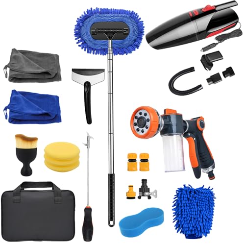 FFFauto Car Cleaning Supplies Cleaning Kit with Pressure Foam Hose Nozzle,Portable Car Vacuum,Car Wash Brush,Car Wash Detailing Kit Car Accessories for Women Men Color Blue