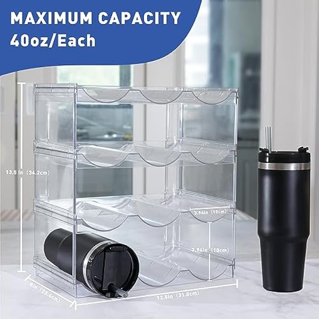 Water Bottle Organizer, Storage Holder for Kitchen Organization,Fridge, Pantry,Cabinet,Countertop,Cupboard- Plastic Cup Rack Shelf for Wine,Drinks- 4 Layers,Each Rack Holds 3 Containers,Clear
