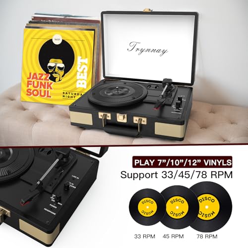 Trynnay Plattenspieler Schallplattenspieler 3-Gang-Bluetooth, tragbarer Koffer-Vinyl-Player mit...