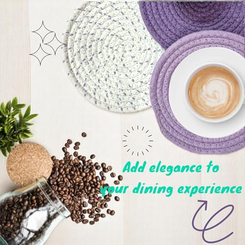 Image of SereneHomes Round Cotton Trivets for Hot Pots - Dining Table Accessories | Heat Resistant Pads & Kitchen Slab Mats | Set of 3 Fancy Kitchen Coasters (Lavender, 18 cm)