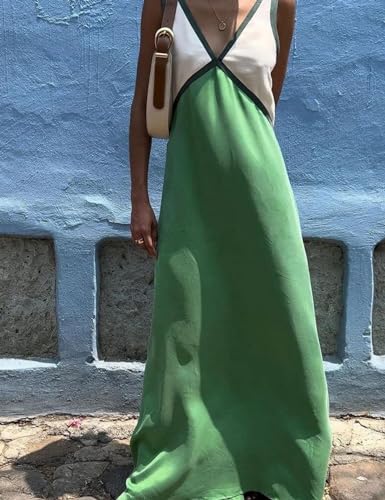 Womens Summer Color Block Satin Dress Loose V Neck Contrast Patchwork Flowy Beach Vacation Long Tank Maxi Dresses2