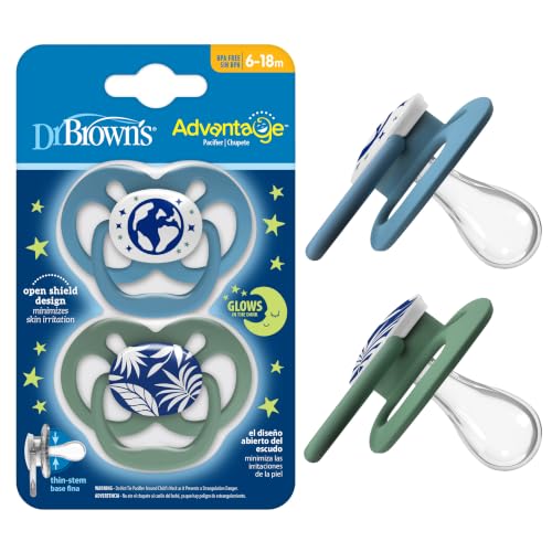 Dr. Brown's Advantage Glow-in-The-Dark Baby Pacifier, Fully Symmetrical Soother with Soft Silicone Bulb, Blue Nature, 6-18m, BPA Free, 2 Pack