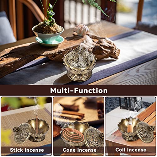Vintage Backflow Incense Burner Bowl, Lotus Incense Holder Charcoal Censer Ash Catcher Stick Cone Reel Incense for Powder Cone or Coil Incense (Bronze)