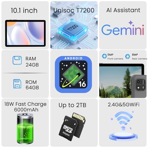 Image of Android 16 Tablet, 10 Inch Tablet, Octa-Core, 24GB RAM 64GB ROM 2TB Expand, Tablets with Gemini AI, 6000mAh, WiFi, Widevine L1, GMS, BT 5.0, Dual Camera, Tablets with Case (Gray)