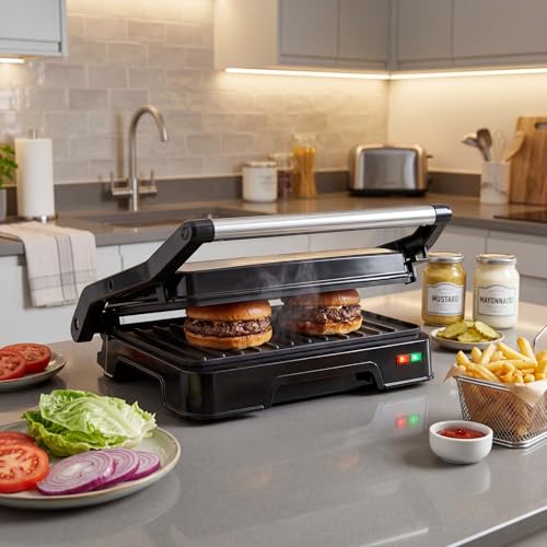 Image of KEINVE Panini Press Grill & Sandwich Maker - 2-Slice, 180 Adjustable Hinge, 900Watt Electric Grill Non-Stick Cast Aluminum Plates for Panini, Steak, Bread & More, Easy to Clean, Perfect for Kitchen