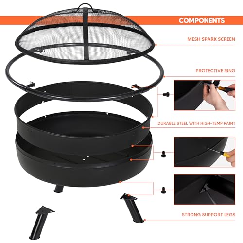 Image of SUNCREAT 42 inch Outdoor Portable Fire Pit with Spark Screen, Fire Poker, Wood Burning Patio Fire Pits with Protective Ring, Black