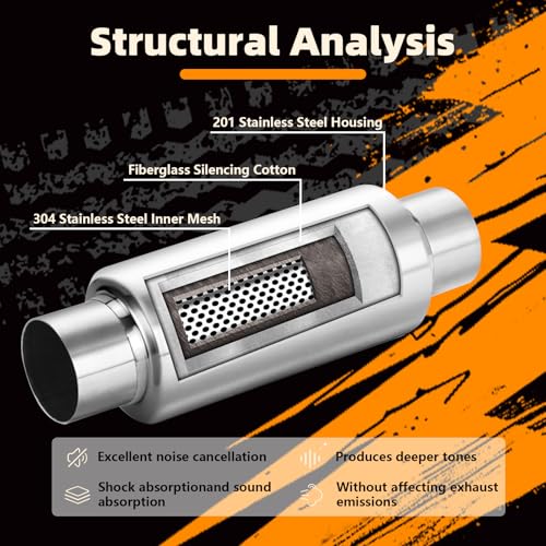 Image of A-KARCK 2.5 inch Inlet Exhaust Resonator, 2.5 inch Inlet 2.5 inch Outlet 12 inch Overall Length Muffler Resonator Stainless Steel,Polished