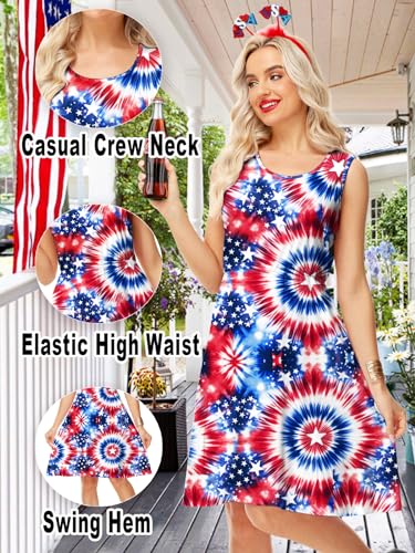 Image of Deerose 4th of July Dress for Women Sleeveless American Flag Patriotic Elastic High Waist Sundress