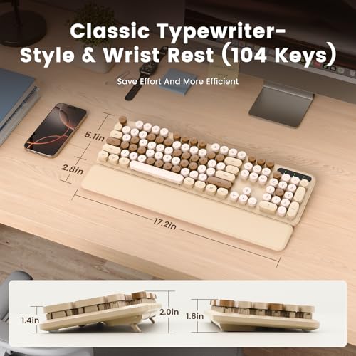 Image of Wireless Keyboard, Round Keycaps, Retro Typewriter Keyboard with Magnetic Wrist Rest, Sleep Mode, Foldable Legs, 2.4GHz Full-Size Cordless Computer Keyboard for Windows PC, Laptop (Beige & Brown)