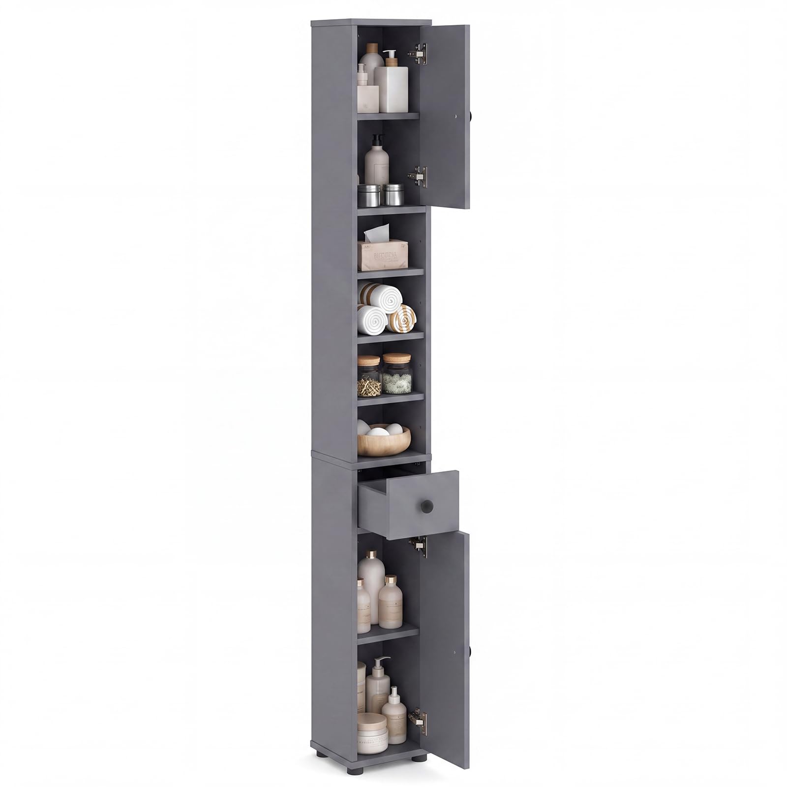 GIANTEX Colonne Salle de Bain Haute, Petit Meuble de Rangement Salle de Bain, 2 Portes, 1 Tiroir, Étagère Réglable, Meuble Rangement pour Toilette, Salon, Bureau, 20x20x180 cm(4Étagère,Gris)