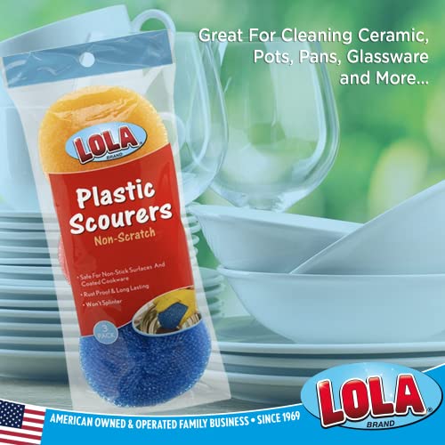 Image of LOLA Plastic Mesh Scouring Pads - 18 Pack, 3.375 inch x 1.25 inch, Non-Scratch Scrubbers to Clean Dishes, Assorted Colors - 1 Red, 1 Blue & 1 Yellow