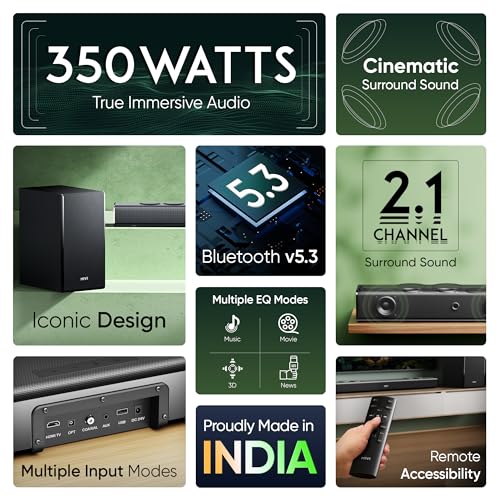 Image of Mivi Fort Q350 Soundbar with 350W Surround Sound, 2.1 Channel soundbar with a Wireless External subwoofer, Multiple EQ and Input Modes, Remote Accessibility, BT v5.3, Made in India Sound bar for TV