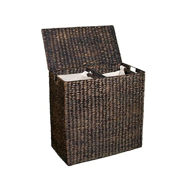 BIRDROCK HOME Double Laundry Hamper with Lid and Divided Interior (Espresso) - Decorative - Hand Woven Water Hyacinth Fibers - Two Removable Liners Bag - Dual Dark Wicker Basket