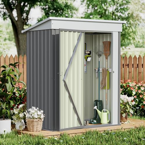 Image of GUNJI 5 x 3 FT Shed Outdoor Storage Shed Metal Garden Shed with Lockable Door Outside Waterproof Tool Shed for Backyard, Patio, Lawn (Gray)
