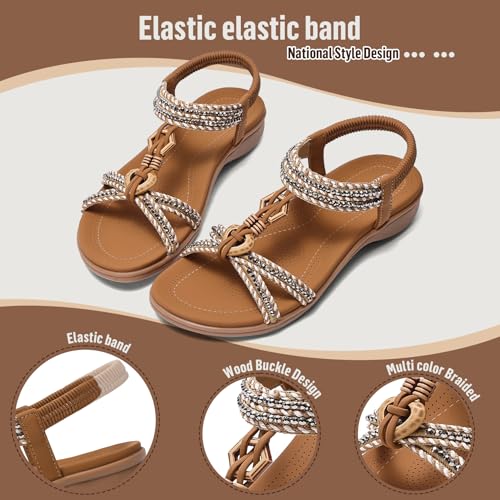 Littleplum Womens Sandals Arch Support Summer Flat Slides Ankle Elastic Walking Shoes Braided Beach Dressy Sandals for Women