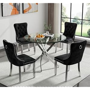 Modern 5 Piece Round Glass Dining Table Set for 4 36 Circle Dining Room Table with 4 Black Tufted Chairs Luxury Silver Glass Kitchen Table and Chair Set for Kitchen Dining Room