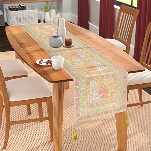 Image of E-EZRA Decorative Dining Table Runner Silk Runners Ends Tassels on Both Sides Banarasi Brocade Silk Tablecloth Decorative 6 Seater Runner Long Size 16x60 Inch (Grey)
