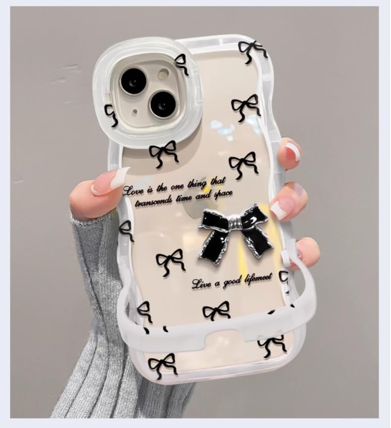 Image of COVERLY 3D Cute Creative Bow-Knot Cartoon 3D Coquette Bow Floral Decor Wave Curly Edge Invisible Double Phone Stand Holder Hard Translucent Cover Girly Charm Case for Apple iPhone 17 (Black White)