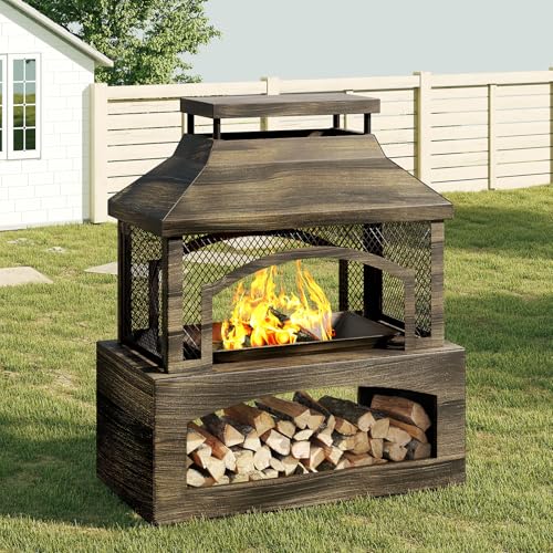 Bestier 37″ Fire Pits, Wood Burning Fireplace for Outside Rectangular Chiminea Outdoor Firepits with Poker, Wood Storage, Rain Cover and Removable Fire Grill for Patio, Garden, Backyard, Camping