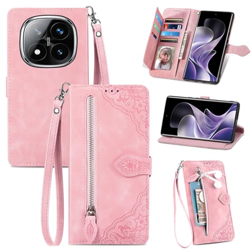 Cover per Xiaomi Redmi Note 14 Pro 5G POCO X7 Custodia a Libro pelle PU Flip Case con Porta Carte Chiusura Magnetica e Cinturino Disegni di Fiori Portafoglio Antiurto Rosa