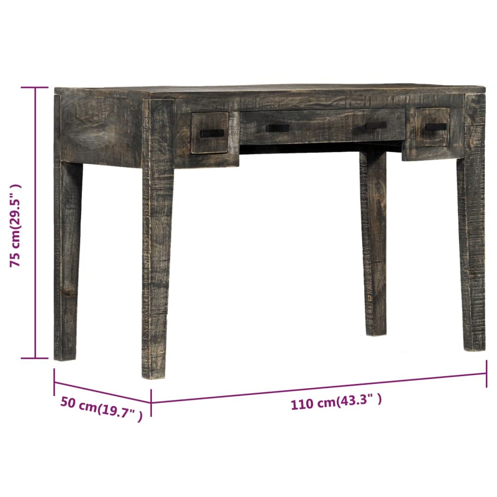 Scrivania nera in legno massiccio di mango, 110 × 50 × 75 cm, con 3 cassetti, spazio di archiviazione come ufficio, tavolo da lavoro per PC, laptop, segretario, ergonomica, salvaspazio
