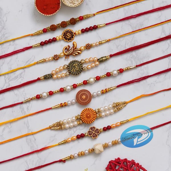 Image of eCraftIndia Set of 5 Rakhi Combo Hamper | Colorful Radha Krishna Peacock Feather Flower Pearl Designer Rakhis | Roli Chawal Pack