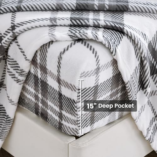Image of Viviland Plush Microfleece Full Bed Sheet Set, Gray White Plaid | Soft Flannel-like Fleece, 100% Polyester, Fluffy Velvety Feel, 200GSM, 15 inch Deep Pocket, Warm Winter Gift & Decor