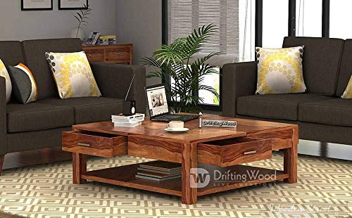 Image of DRIFTINGWOOD Sheesham Wood Borstein Center Coffee Table for Living Room | One Shlef & 4 Drawer | Natural Finish