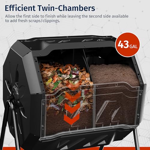 Image of East Oak Compost Tumbler Outdoor, 43-Gallon Tumbling Compost Bin with 2 Sliding Orange Doors & Aeration System, Tumbling Rotating Composter Bin for Kitchen, Garden, Yard,