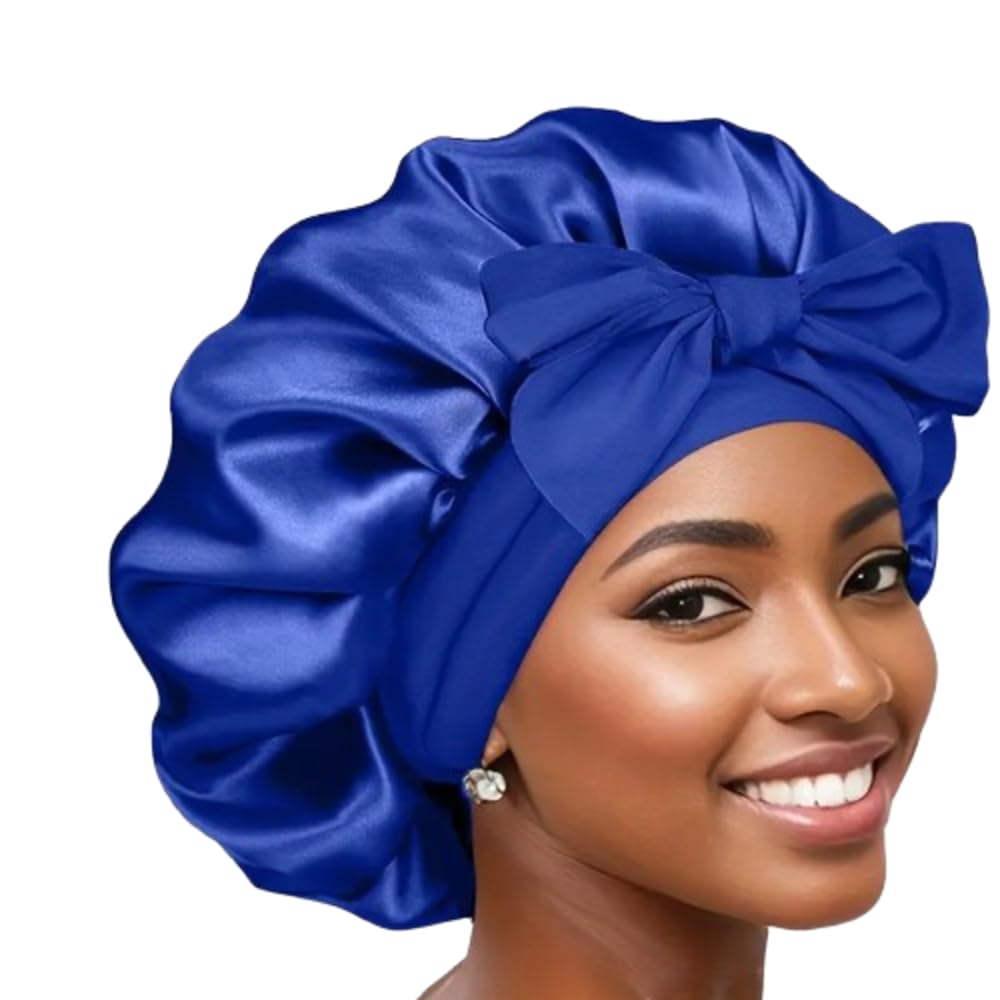 Boolavard Women's Blue Silk Bonnet For Sleeping Satin Bonnet Double Layer Satin Lined Hair Bonnet With Tie Band Curly Hair (Uk, Alpha, One Size, )