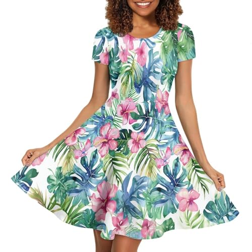 Image of HUGS IDEA Womens Puffy Swing Midi Dress Round Neck Short Sleeve Party A-Line Dresses