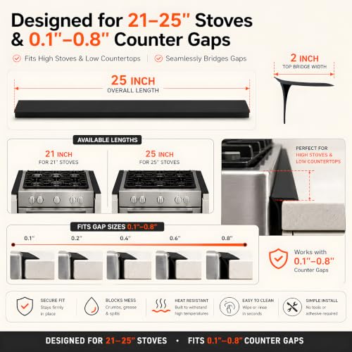 Image of Silicone Stove Gap Covers 2 Pack, Stove Gap Filler for Counter Gap, Black | Gap Filler for Stove and Counter, Heat Resistant Oven Gap Filler, Flexible Easy-Clean Silicone stove Guard for 0.1 inch-0.8 inch Gaps