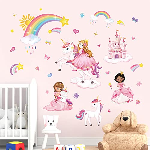 wondever Princess Unicorn Wall Stickers Castle Rainbow Peel and Stick Wall Art Decals for Girls Bedroom Kids Room Baby Nursery - Image 2