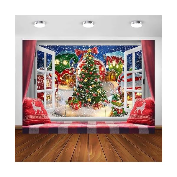 Avezano Toile de fond de Noël d'hiver pour fenêtre de photographie, arrière-plan pour décoration murale de Noël, bannière de fête, accessoires photo portrait pour enfants (2,4 x 1,8 m) 5150DfFGJQL. SS600