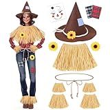 MOVINPE 12 Pieces Scarecrow Costume Kit for Adult Kids, Raffia Scarecrow Accessories Felt Hat Rope Face Decals Sunflower Patchwork for Halloween Harvest Cosplay Party Brown