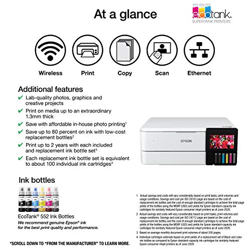 Epson EcoTank Photo ET-8500 Wireless Color All-in-One Supertank Printer with Scanner Copier, Ethernet and 4.3-inch Colorfull Touchscreen - White
