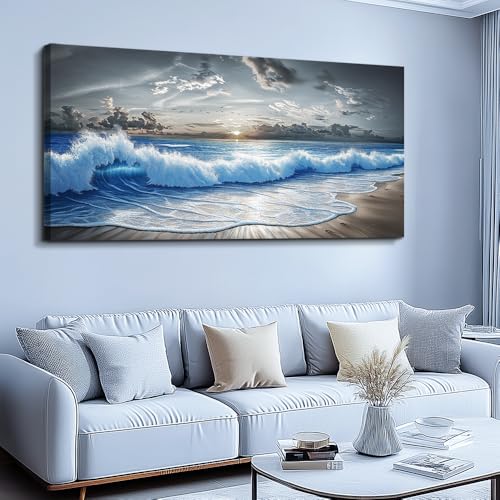 PHAOHUAXM Large Canvas Wall Decor For Living Room Wall Art For Bedroom Office Dining room Decor Modern Black White And Blue Ocean Wave Painting Printed Artworks Wall Pictures Home Decor 24"X48"