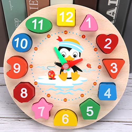 Image of Toyvian Clock Toy Wooden Teaching Clock Props Penguin Pattern Toys Teaching Time Number Puzzle Stacking for Kids Baby Toddlers