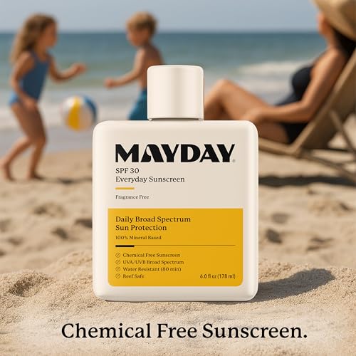 Image of MAYDAY SPF 30 Everyday Sunscreen, Chemical-Free, Fragrance-Free, 6oz | Chemical-Free, Fragrance-Free, Everyday Mineral Sunscreen, Water-Resistant, Sun Protection for Face & Body, All Skin Types