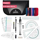CALCUSO Set di Geometria PRO (15 Pezzi) in astuccio nero con compasso e goniometro – Prati...