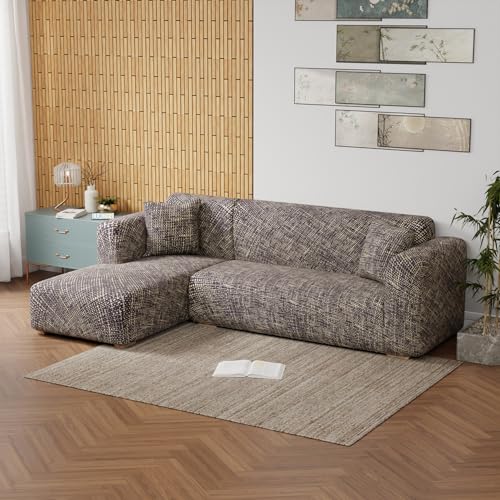 Image of Lukzer Polyester, Spandex L-Shaped Sofa Cover for Living Room Furniture Flexible Slipcover for Couches and More (Left Hand Side, Brown Lining)