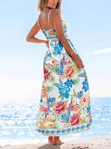 Image of CUPSHE Women's Floral Maxi Dress Spaghetti Strap Summer Boho Beach Dress Smocked Sundress Casual Vacation Flowy Long Dress