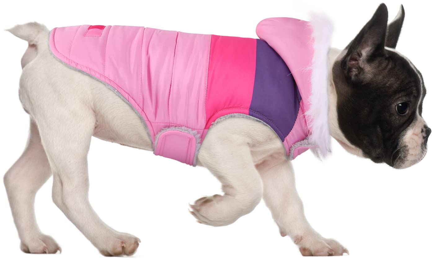 HDE Dog Puffer Jacket Fleece Lined Warm Dog Parka Winter Coat with Harness Hole Pink Stripe - S